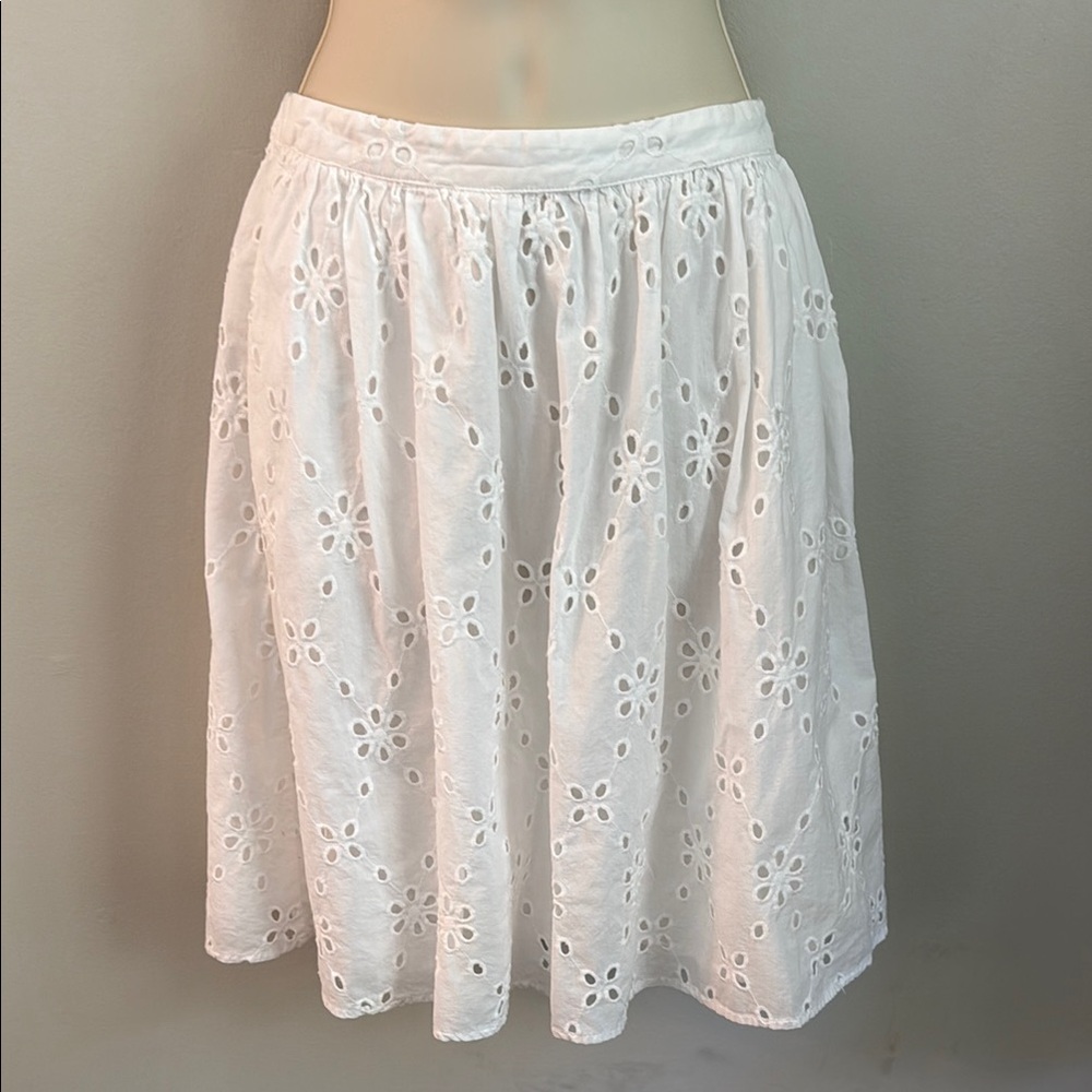 J Crew Eyelet A-Line midi Peasant boho White Skirt with Pockets Size Medium